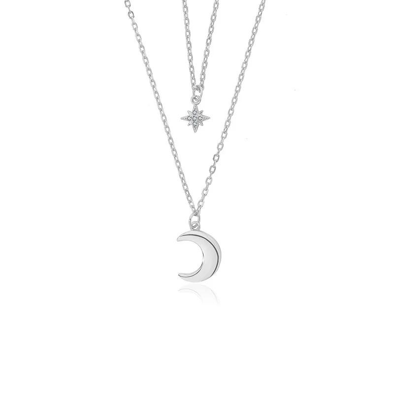 925 Sterling Silver Double Layer Moon Necklace for Women's Ins Small Octagon Zircon Collar Chain