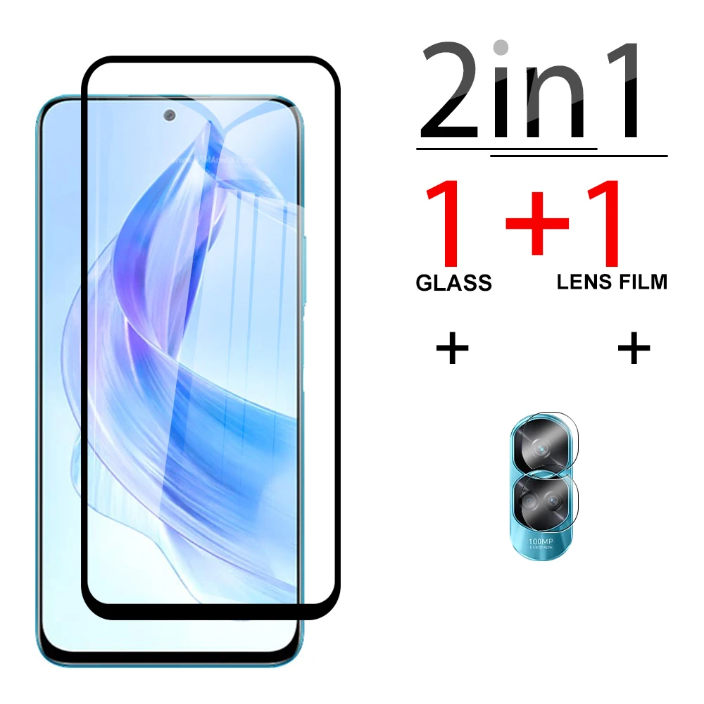 

2in1 Camera Glass For Honor 90 70 50 10x Lite Black edge Tempered Glass honar 20 X50i X8a X8 X7a X6 Clear screen protector