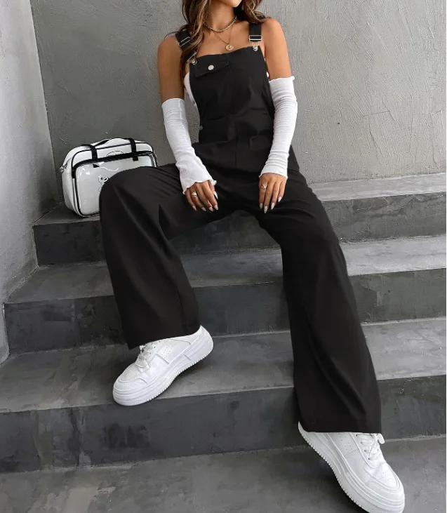 Retro Pocket Solid Color Straight Leg Utility Overalls Loose Fashion Casual Pants