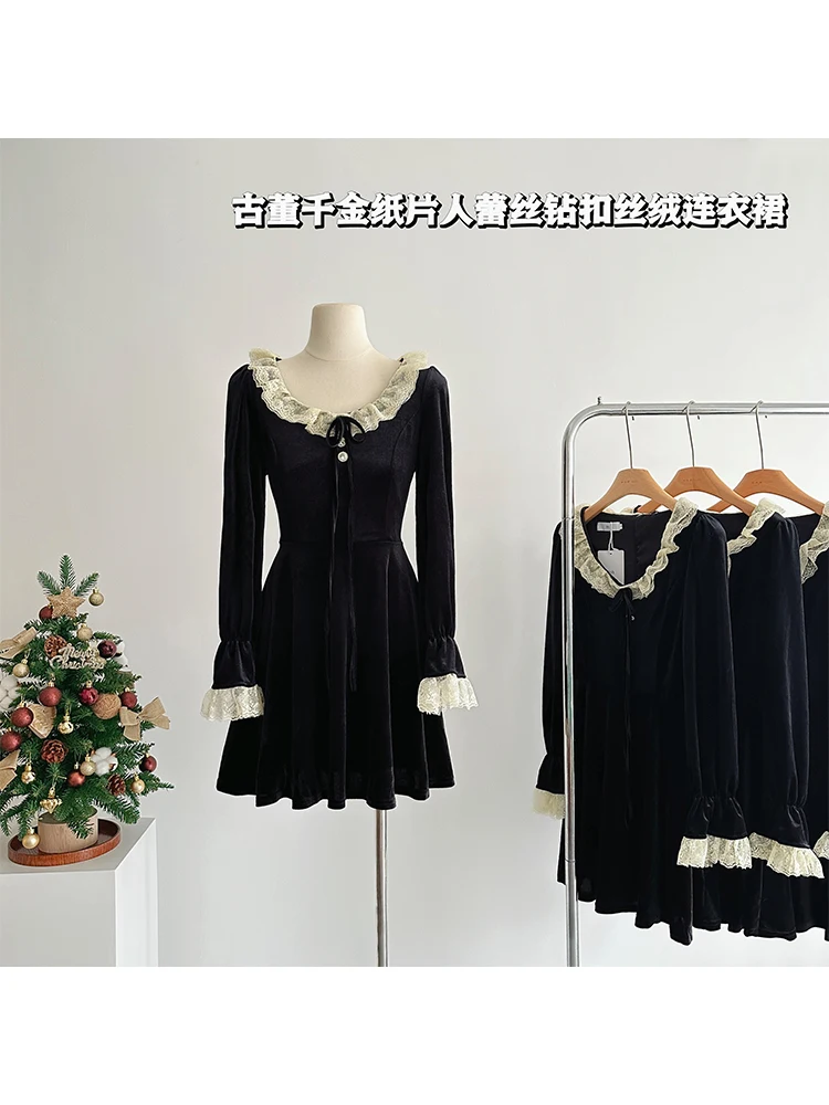 

Women's Black Velvet Luxury Dress Y2k Vintage Elegant Long Sleeve Lace A-line Mini Dresses Vintage Party Club One Piece Frocks