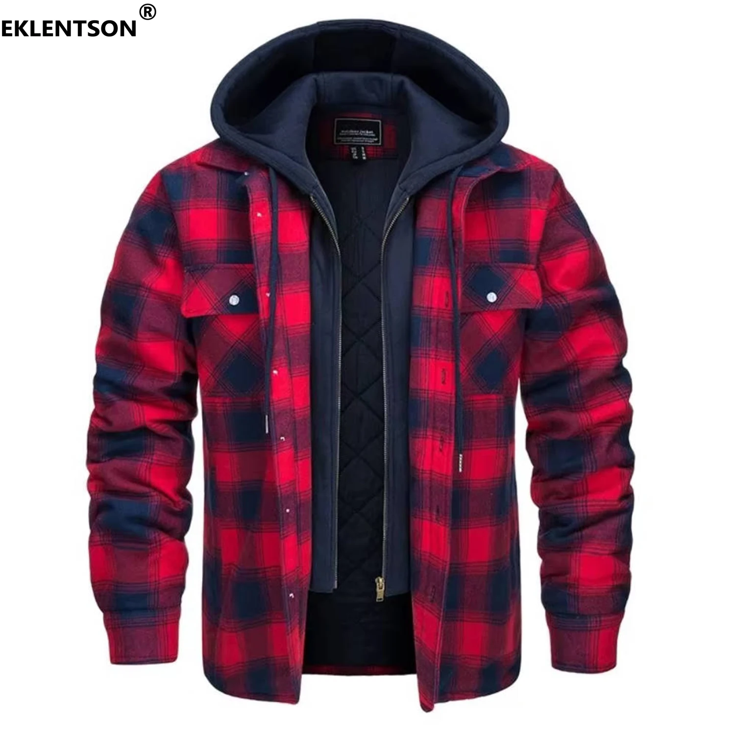 EKLENTSON Winter Mens Heavyweight Jacket Flannel Plaid Casual Jacket Detachable Hood Quilted Lined Shirts Coats Hiking Jackets 3