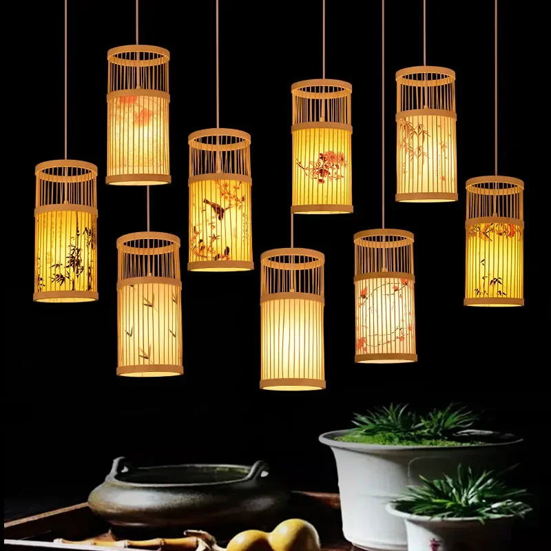 Lustre de bambu estilo chinês, lâmpada para sala de chá, hotel, sala de estar, lanterna, panela quente, restaurante, restaurante, novo