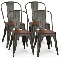 18 Inch Dining Chair Set of 4, Industrial Vintage Stackable Metal Chairs, Counter Bar Chairs with High Backrest, Wood Seat 1