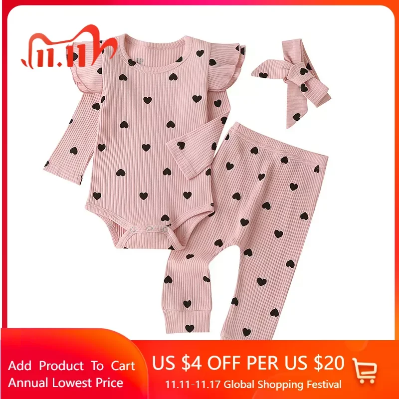 

3Pcs Set Spring Autumn Kids Clothes Girls Soft Headband Long Sleeve Cotton Print Crew-Neck Bodysuit Pant Suits 3 6 9 12 18M