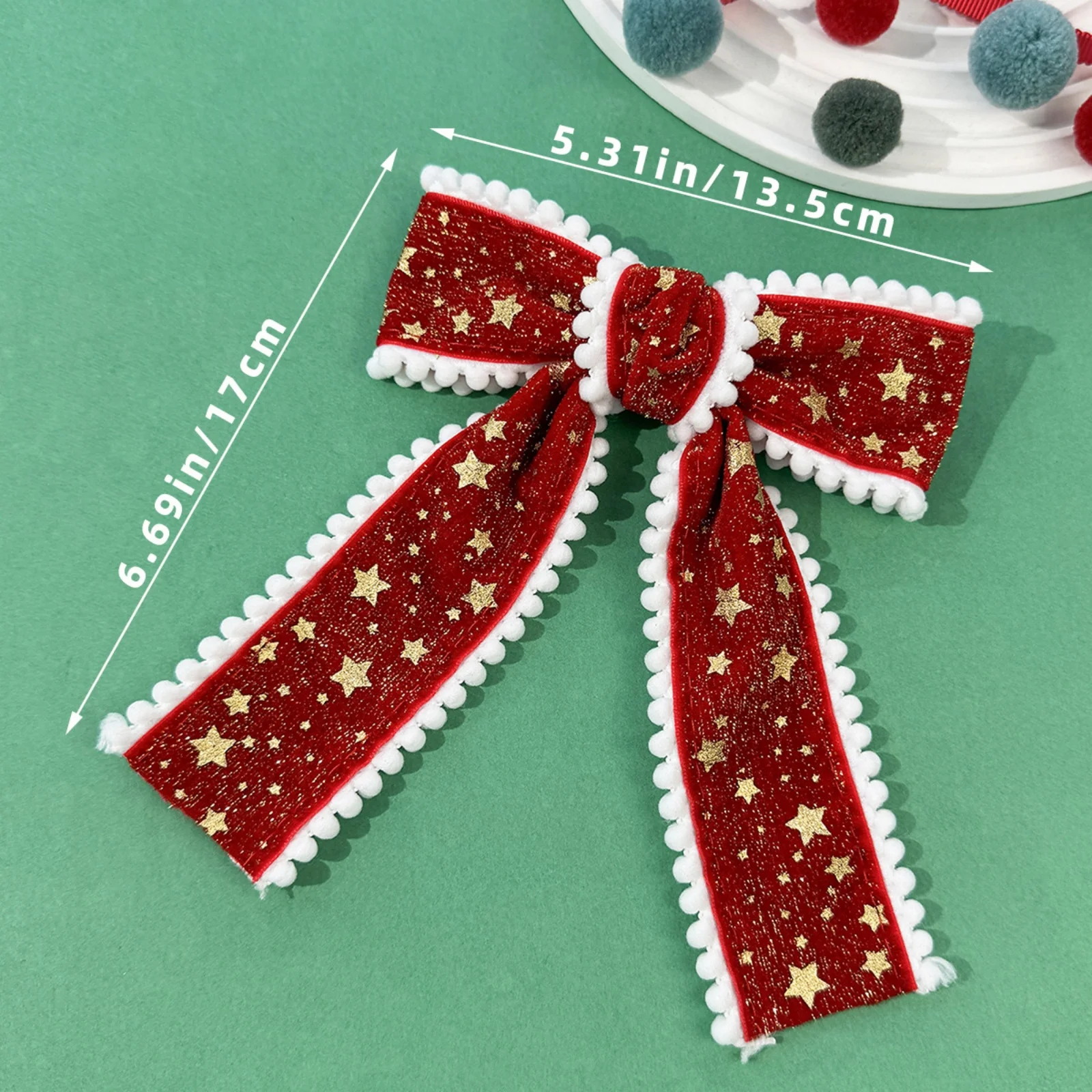 1PC Festive Christmas Red Velvet Bow Hair Clip-Cute Pom Pom Trim & Star Pattern Hair Accessory, Perfect for Holiday Parties