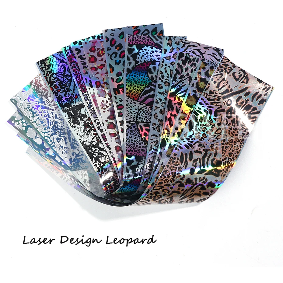 10pcs Laser Leopard Print Nail Transfer Foils Winter New Year Animal Skin Pattern Starry Paper Sticker Sexy Charm Manicure Decal