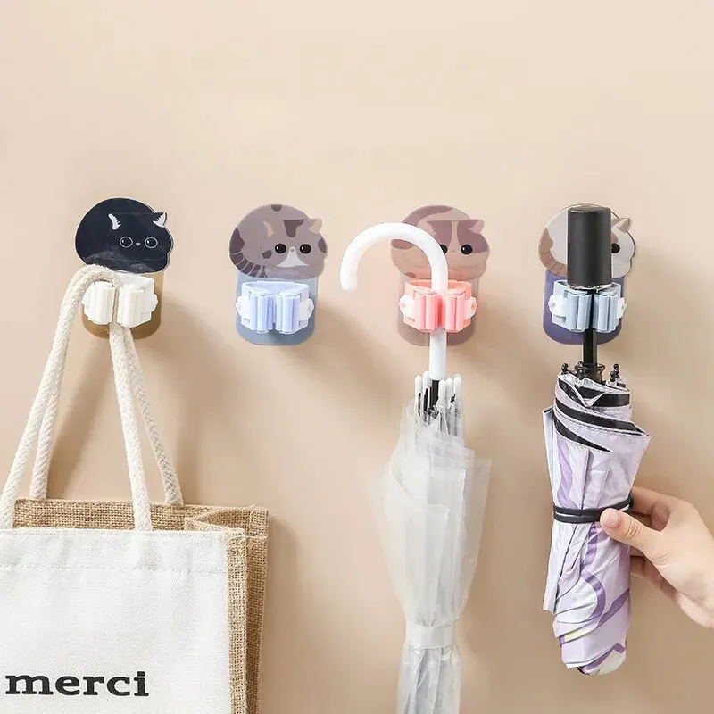 Self Adhesive Hooks 1pc Cartoon Style Mop Hook Strong Self-adhesive Mop Clip Bathroom Non Perforated Broom Storage