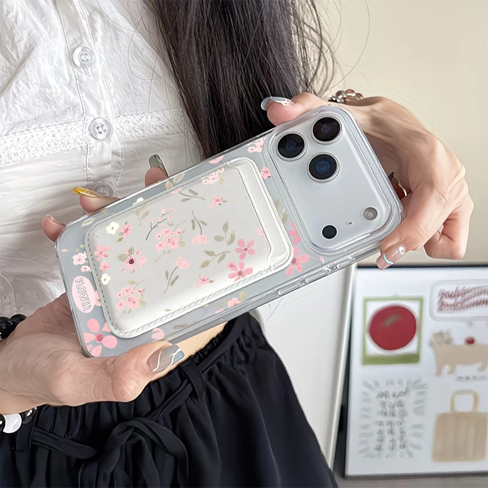 Pink Floral Magnetic Card Holder Phone Case with MagSafe Wallet