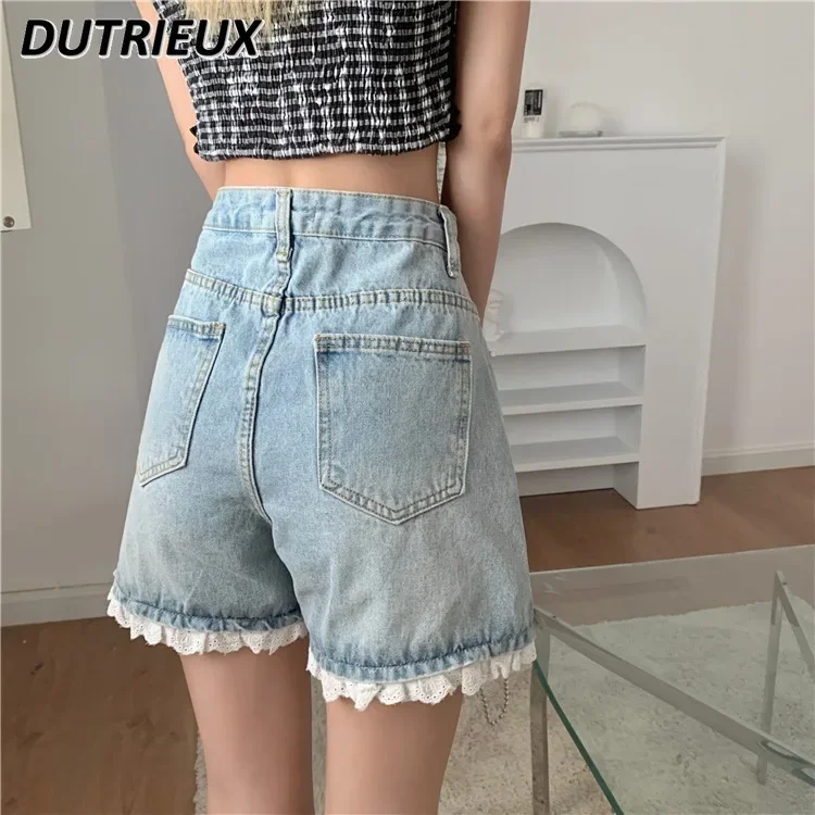 Design Sense Niche Stitching Lace Ruffled High Waist Denim Shorts Women's Summer 2024 New Loose Sweet Wide Leg Short Pants