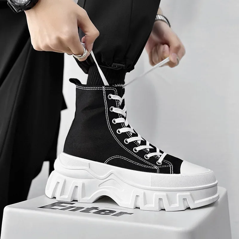 Unisex Canvas Round Toe Thick Sole Platform Chunky Heels Women Men Sneakers Lace Up Mixed Color New Fashion Western Casual Shoes 2