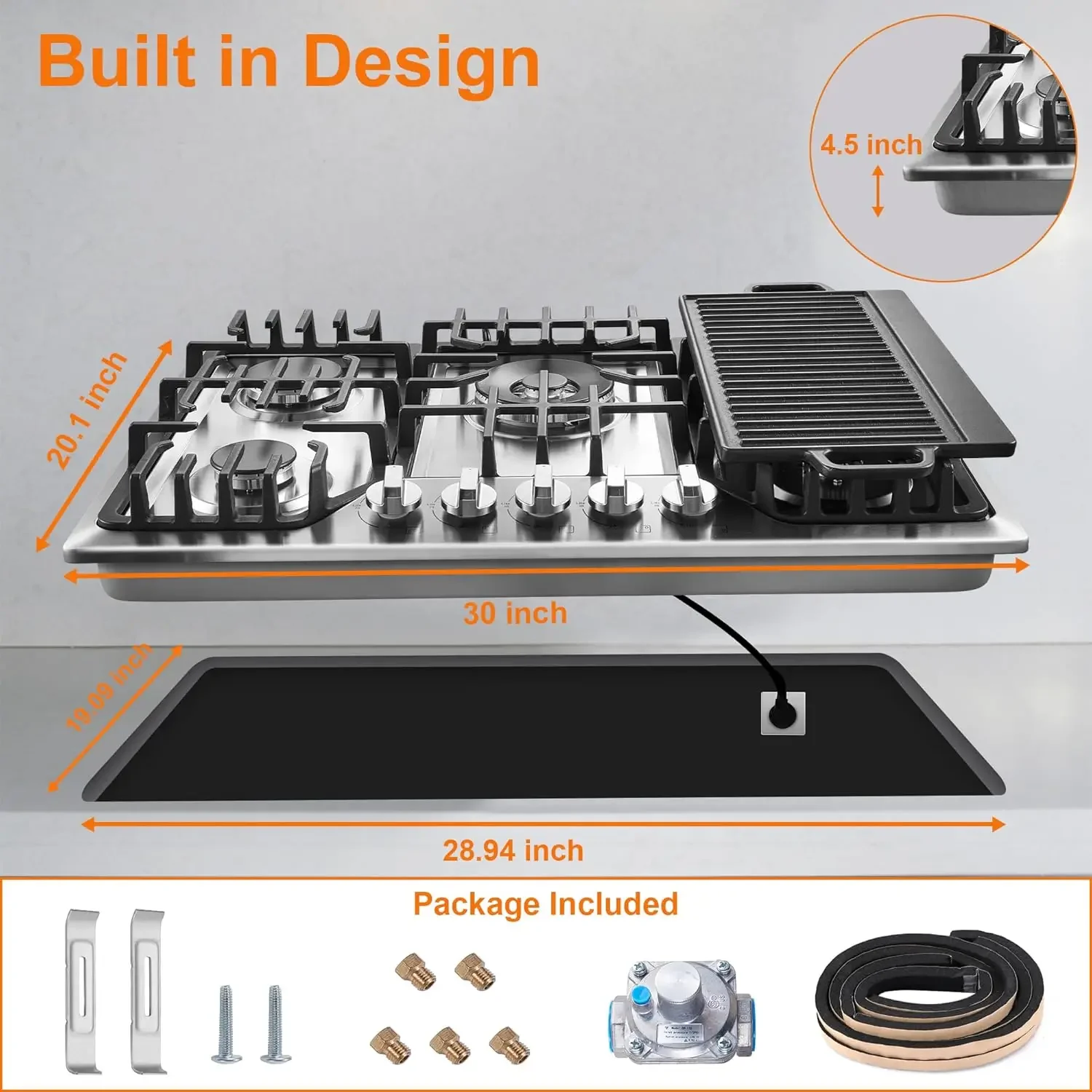 Bulit-In Gas Cooktop with Griddle, 5 Italy SABAF Powerful Burners Over 92% High Efficiency, Max 48300BTU Gas Stove Top, 304 Stai 6