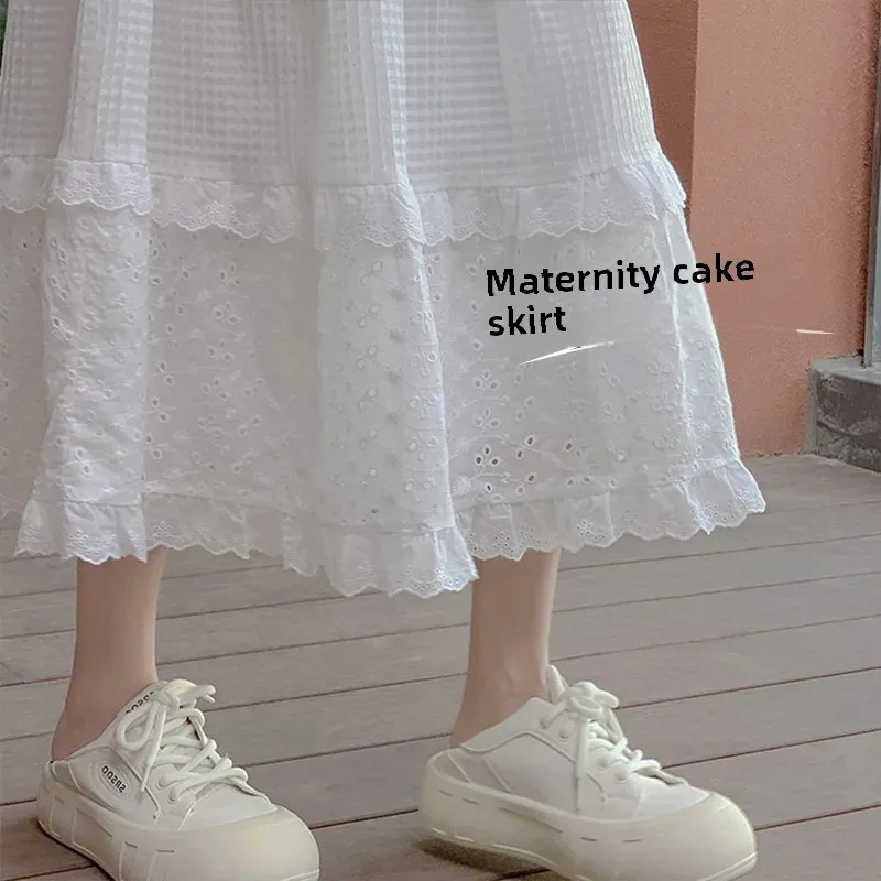 Quality Maternity Lace Embroidery Skirt Spring Summer A- Line Midi Skirt Belly Support Half-length Maternity
