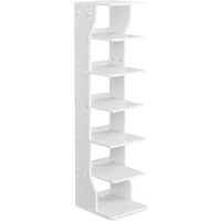 7 Tier Vertical Shoe Rack, Narrow Shoe Storage Organizer with Hooks, Slim Wooden Corner Shoe Tower Rack, Robust and Durable 1