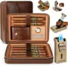 Leather Cigar Humidor with Cigar Lighter,Built-in Straight Cigar Cutter and Cigar Punch,Humidifier and Cedar Tray 1