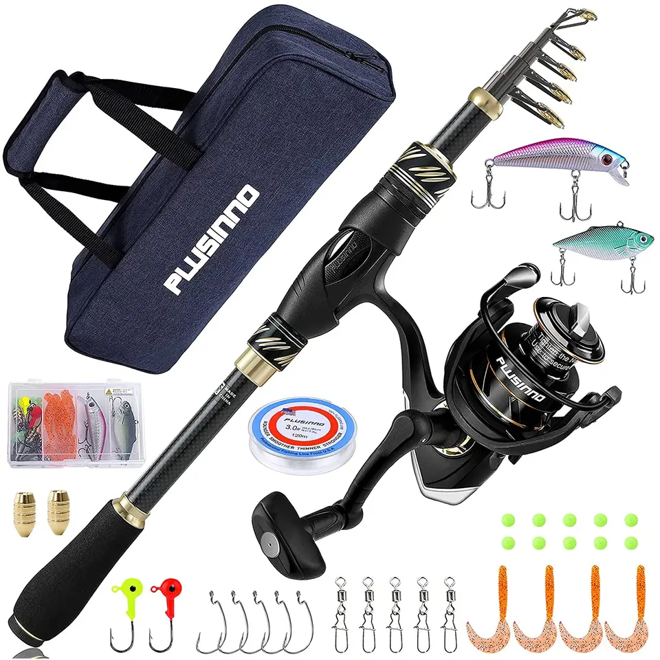 PLUSINNO Fishing Rod and Reel Combos Set,Telescopic Fishing Pole with  Spinning Reels, Carbon Fiber Fishing Rod for Travel Saltwater Freshwater