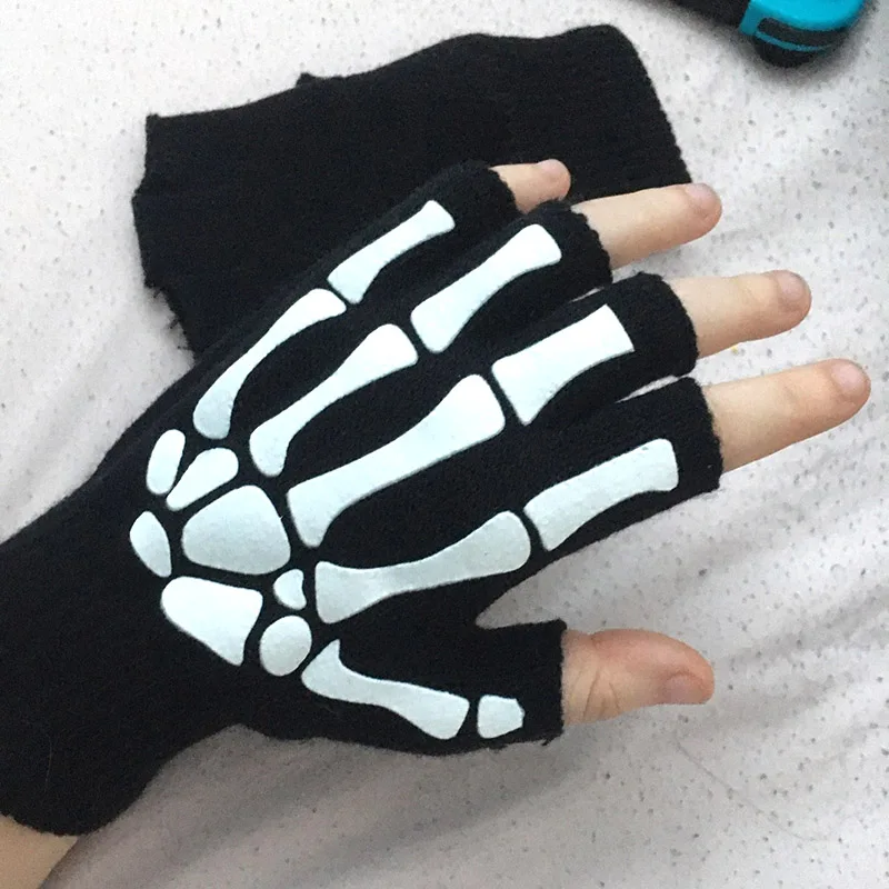 Warm Knitting Gloves for Adult Half Finger Glove Skeleton Head Gripper Print Cycling Non-slip Wrist Winter Mittens Halloween