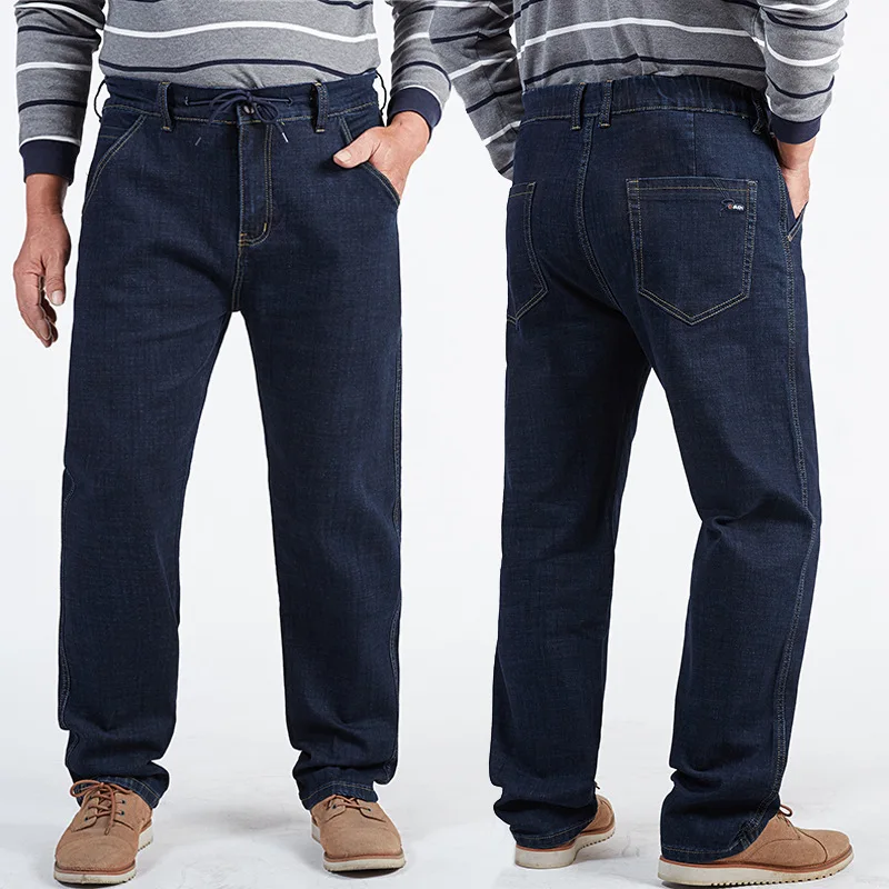 180KG Plus Size Jeans Men Big 56 54 52 Autumn Thick Straight High Waisted Dad Elastic Denim Trousers Blue Loose Stretched Pants 4