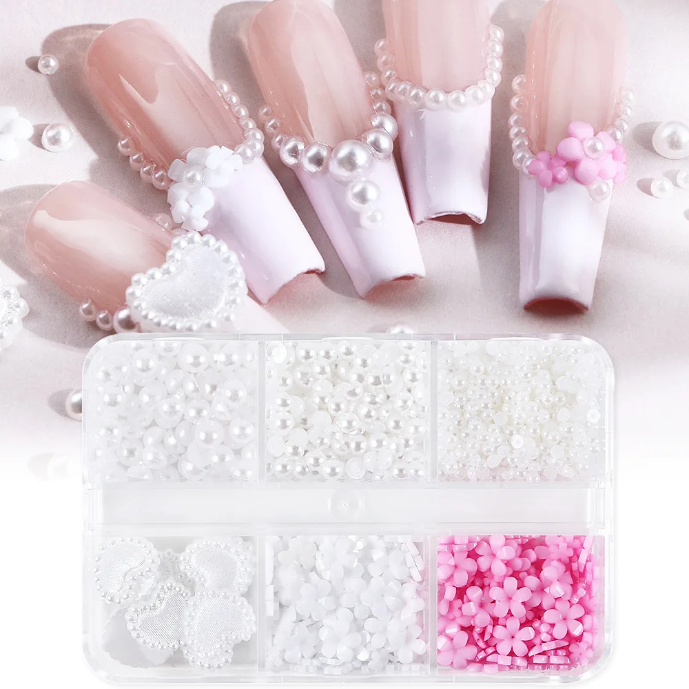 

Pure white pearl hear Nail Art Jewelry Black ribbon bow nail art accessory Decoration Accessories For Nail Tip Beauty