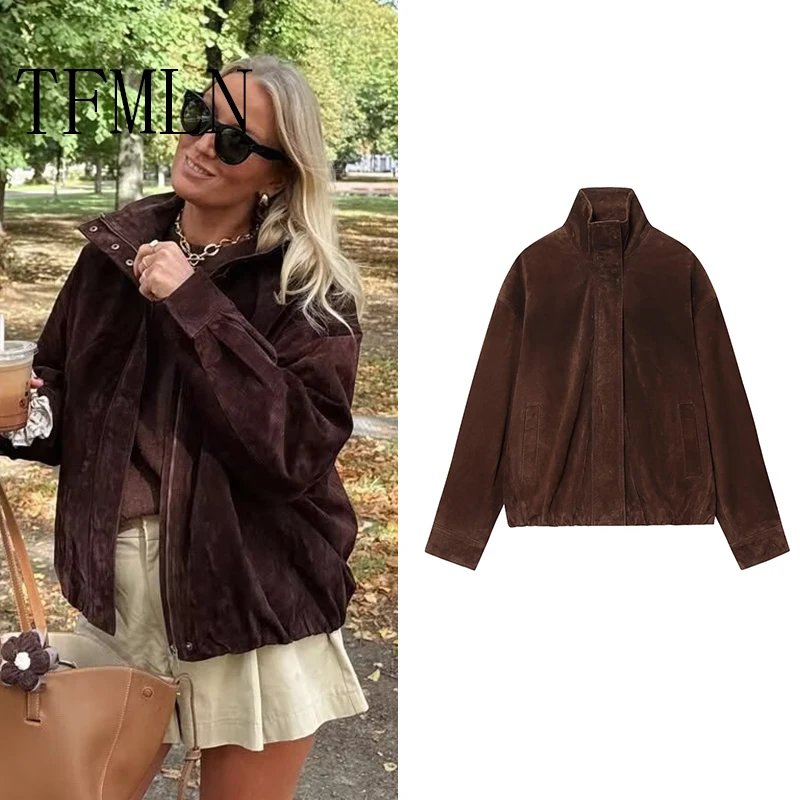 TFMLN New Fashion Women's Suede Jackets 2025 Female Pockets Elegant Warm Coat Chic Street Zipper Casual Coats