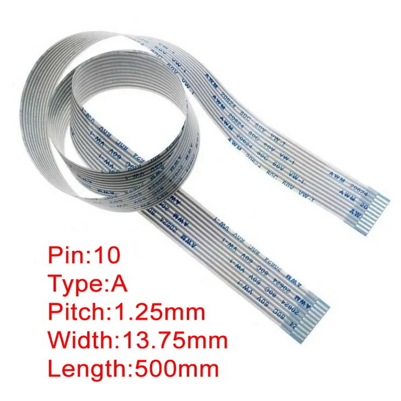 

2Pcs 10Pin 1.25mm FFC FPC AWM 20624 80C 60V VW-1 FFC A Flat Flexible Cable 500mm Width 13.75mm Same Side