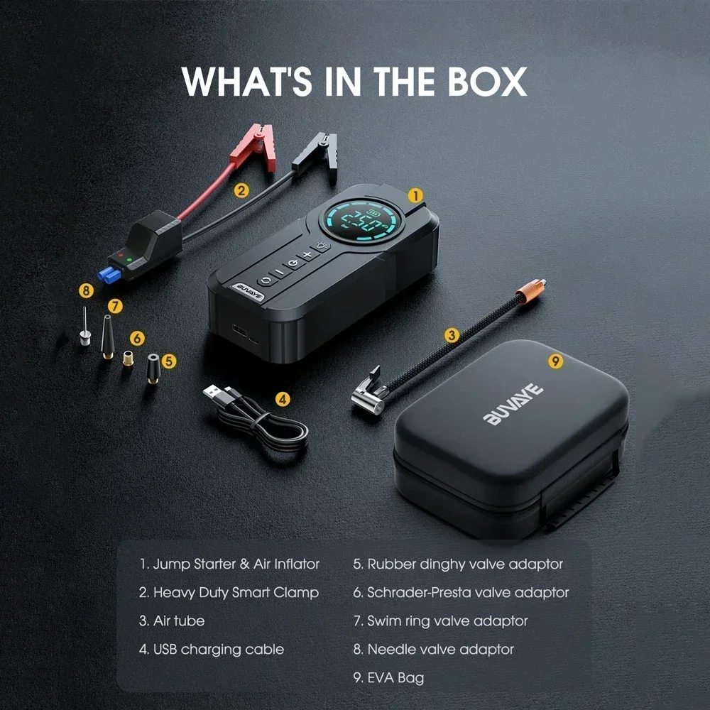 Car Jump Starter Air Pump Multi-function Air Compressor Tire Inflator Portable Battery Starter EVA Case Bag