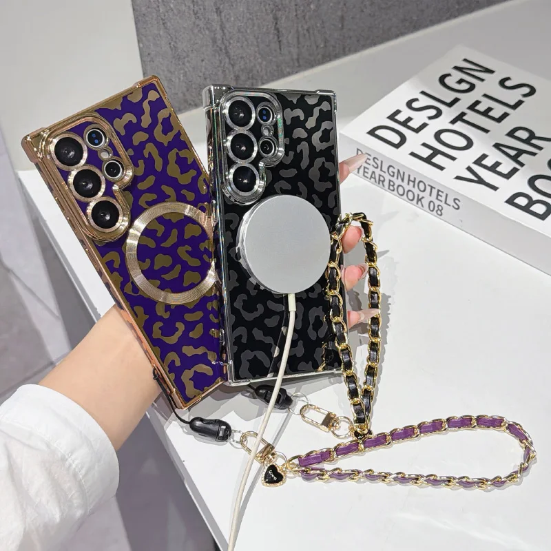 Leopard Print Magnetic Phone Case with Wrist Strap