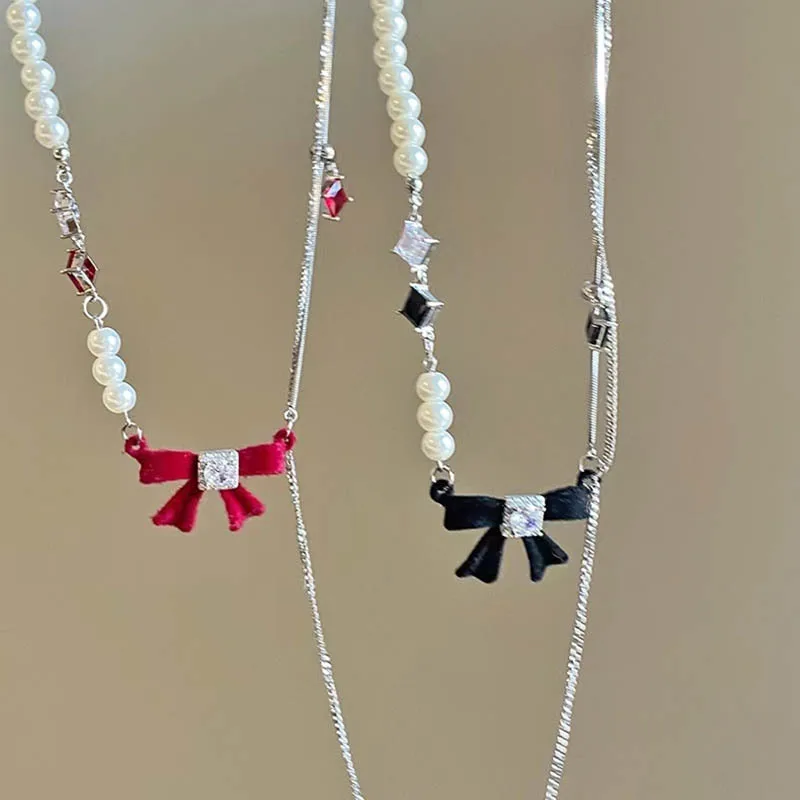 Bow Pearl Chain, Patchwork Necklace For Women, Zircon Necklace, Clavicle Chain Femme Jewelry Girlfriend Gift Cute