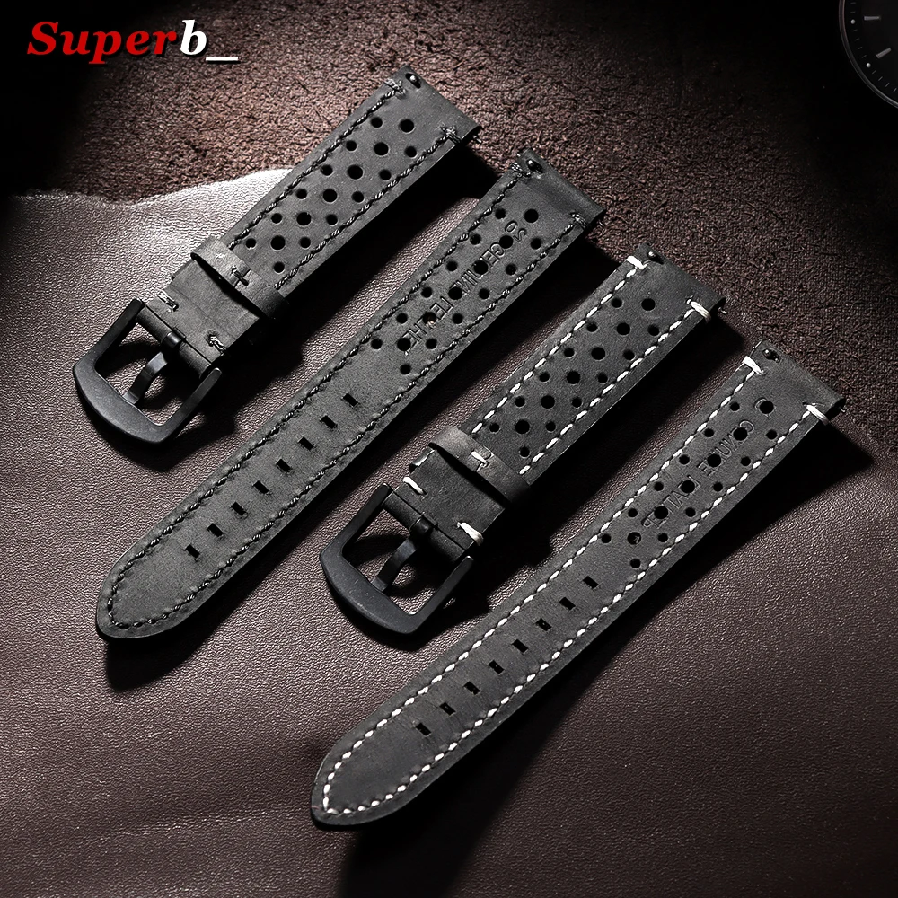 Vintage Brown Handmade Cowhide Leather Strap - Quick Release Breathable Porous Watch Band