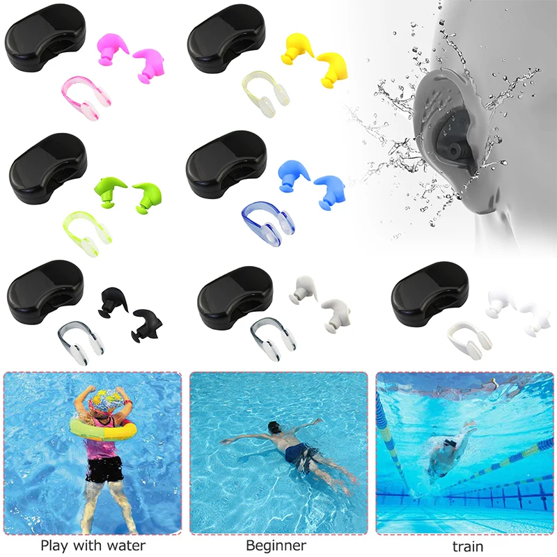 Silicone Ear Plugs & Nose Clip Set Case Swimming Water Pool Sea Unisex Adult UK 