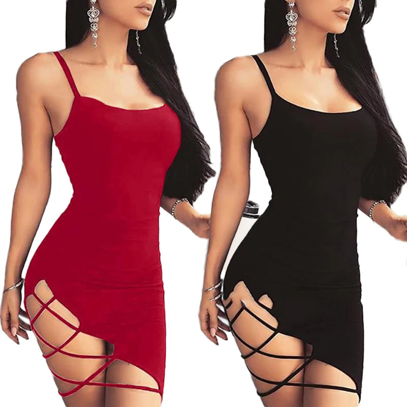 

Women Spaghetti Strap Backless Dresses Sexy Sleeveless Side Hollow Out Mini Sling Dresses Sheath Hip Party Dress Vestidos