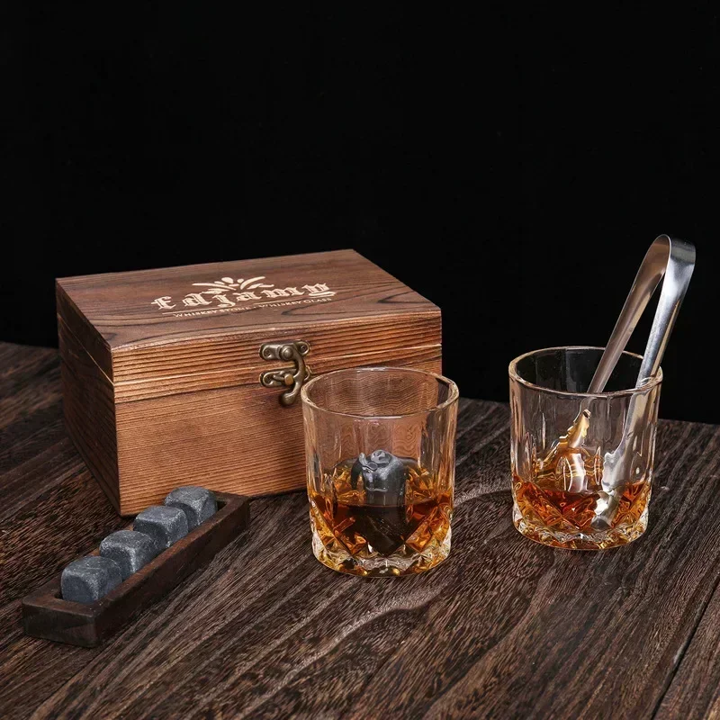 2 Pcs old fashioned whiskey glass with whiskey stone and wooden gift box barware drinkware men gift