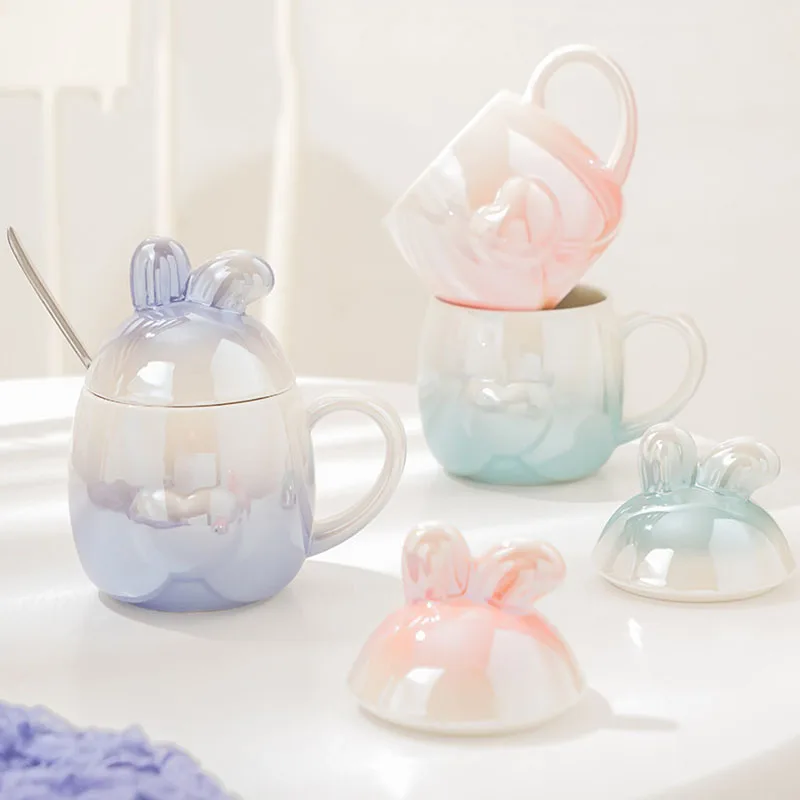 

300ml Kawaii Rabbit Mug Cute Cartoon Ceramics Mug With Lid Coffee Milk Tea Mugs Breakfast Cups Drinkware Gifts For Girl