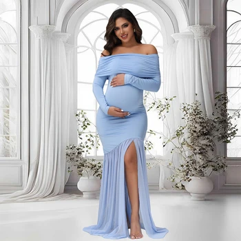 Abiti Premaman per Servizio Fotografico, con Spalle Scoperte, Spacchi e Orlo a Coda di Pesce, Abiti Eleganti da Sera per Baby Shower e Feste per Donne in Gravidanza