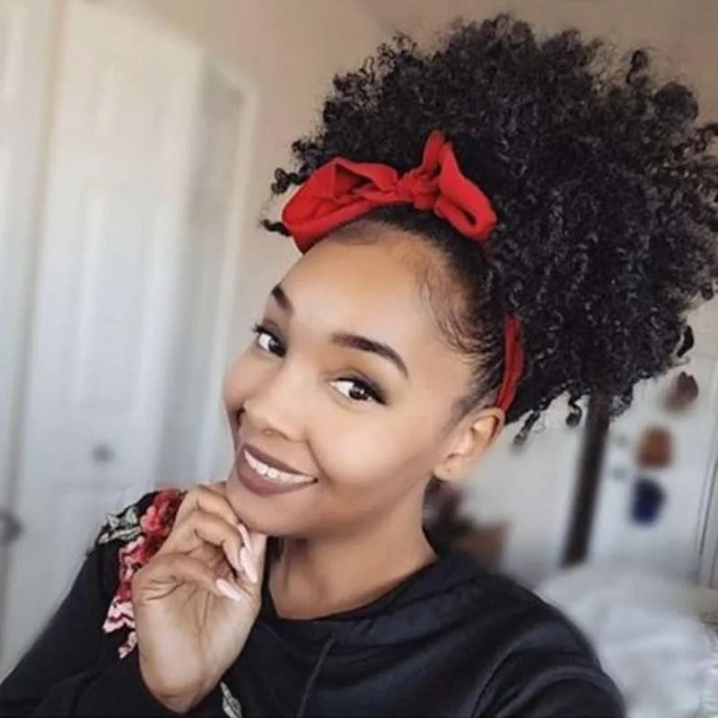 Afro Puff Drawstring Ponytail Kinky Curly Bun Hair 8 lnches Synthetic Short Extensions Clip On Bun Wig ForWomen Natural Black