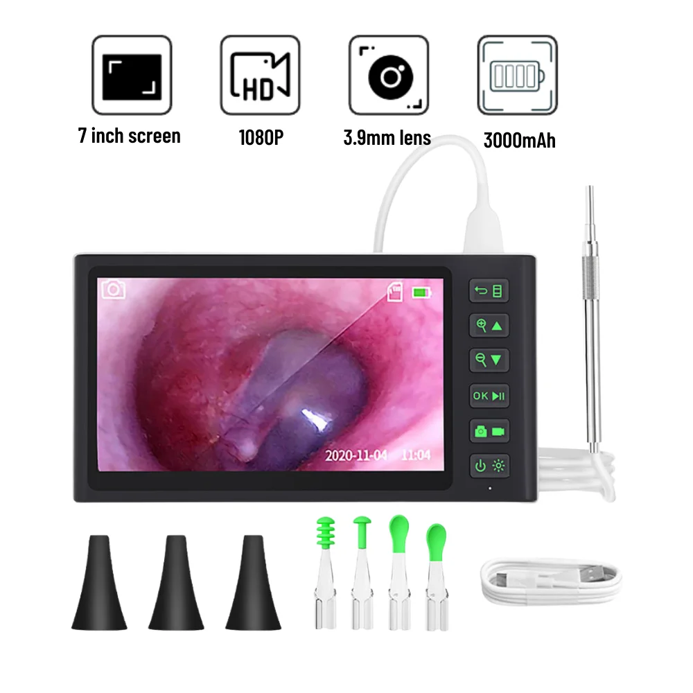 디지털 귀 청소 내시경 카메라, 3.9mm, 7 인치 스크린, 시각적 이비인후경, 1080P HD 귀 왁스 제거 클리너 도구