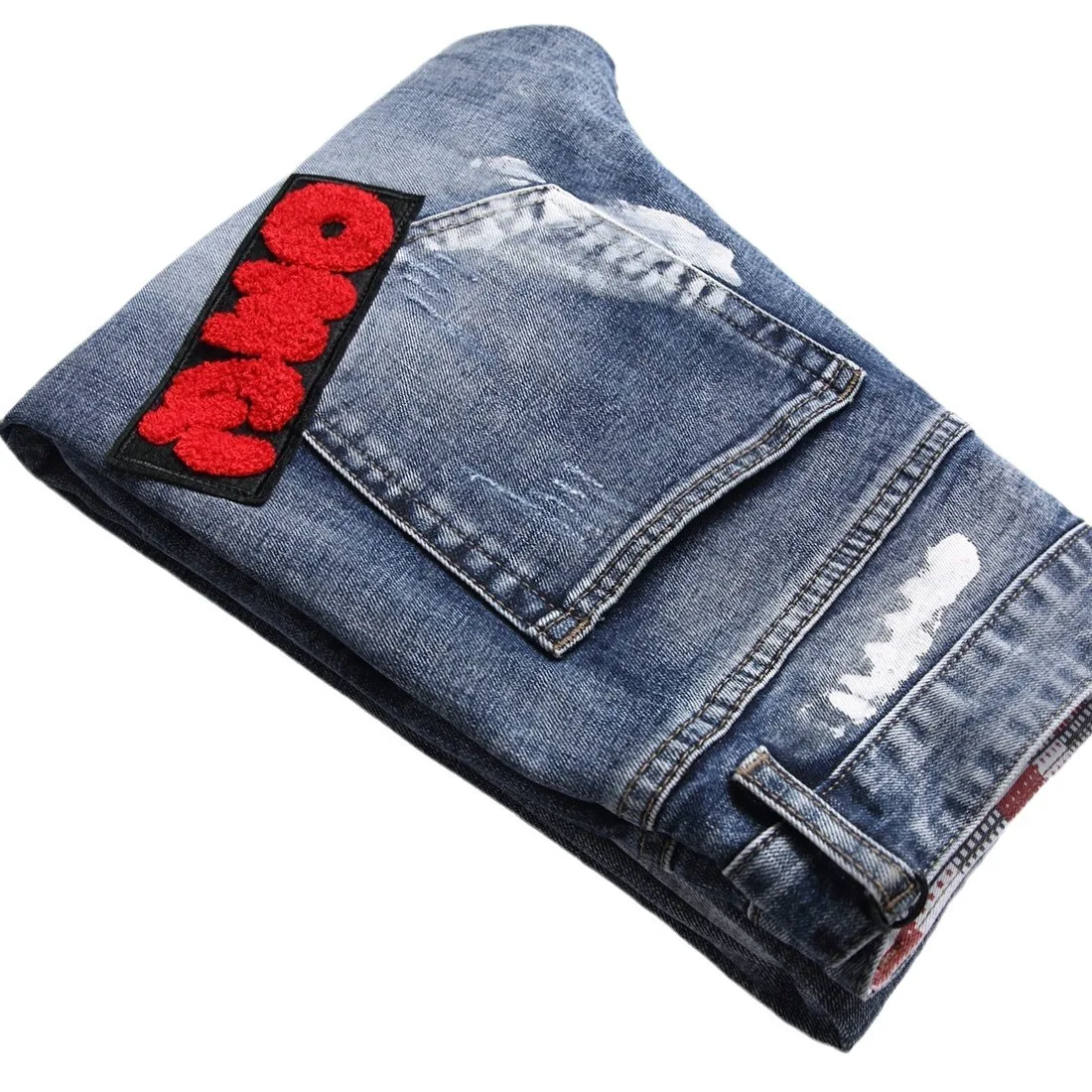 Europe and the United States hand-painted white paint craft personality towel embroidered badge small straight stretch jeans men