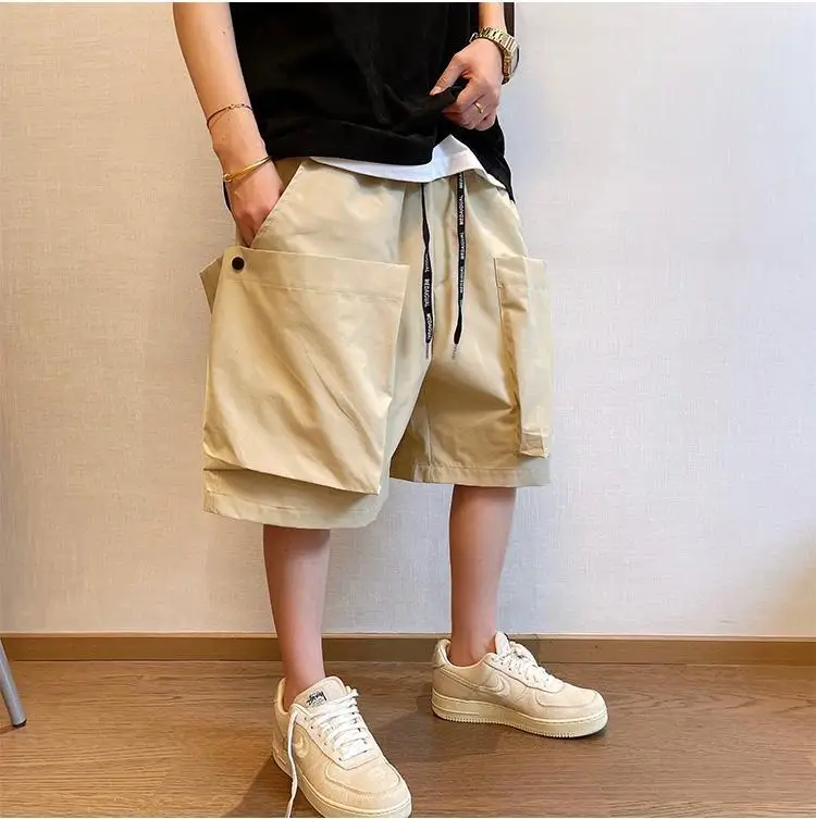 Men Trendy Casual Streetwear Hip Hop Big Pocket Design Cargo Short Pants Y2K 2024 Summer Youth Solid Oversize Baggy Beach Shorts