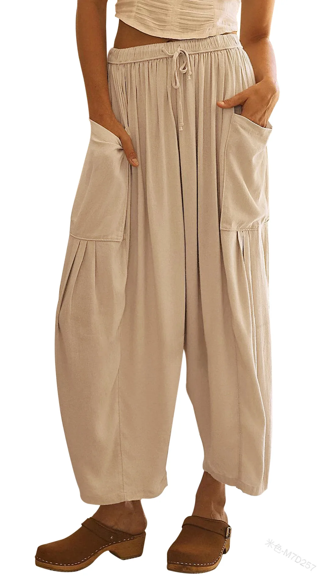 

Women's Fashion Elastic Waist Pleated Wide Leg Pants High Waist Lace-up Loose Pockets Trousers Loose Solid Color