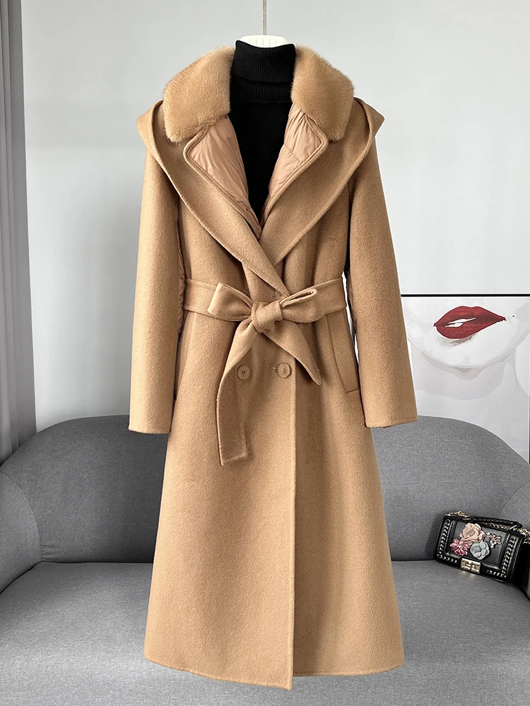 

Double sided cashmere coat, women's mid length patchwork down jacket, white goose down, 2023 winter new high-end woolen jacket