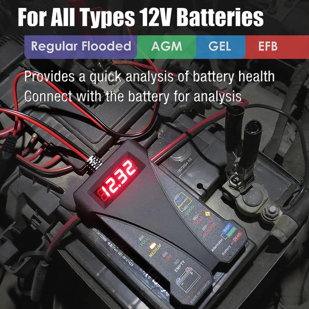 14A 12V 디지털 자동차 배터리 테스터 전압계 및 충전 시스템 분석기(LCD 디스플레이 및 LED 표시 포함)