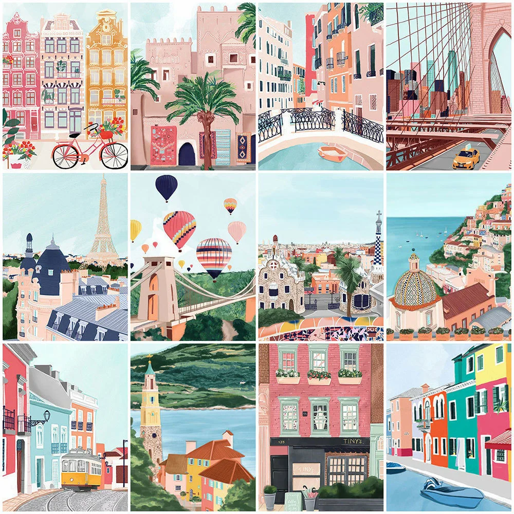 HUACAN 5D Diamond Mosaic Landscapes City Diamond Painting Street Cross Stitch Mosaic Building Decor For Home