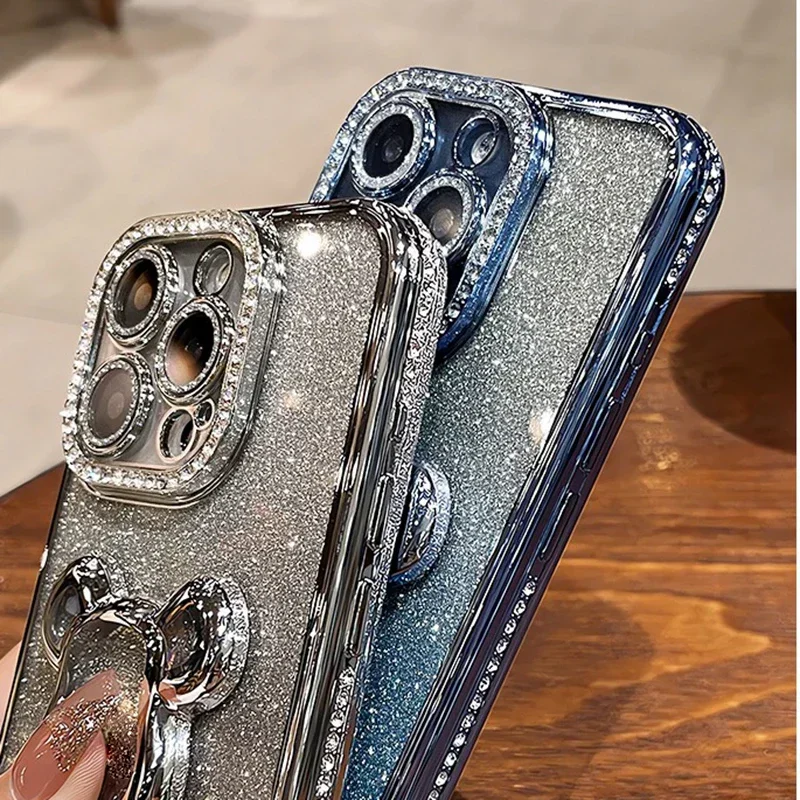 Glitter Quicksand Bear Diamond Case for iPhone 15 14 13 16 17 Pro Max 17 Air Plus 11 12 Gradient Rhinestone Plating Soft Cover