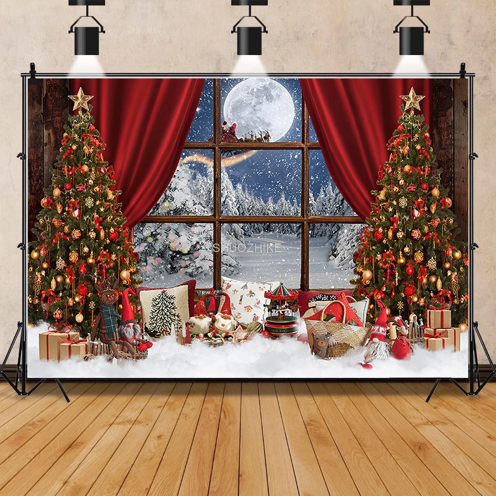SHUOZHIKE Christmas Tree Flower Wreath Wooden Gift Photography Backdrop Window Snowman Cinema New Year Background Prop GH-79 photo backdrop photography auxiliary props