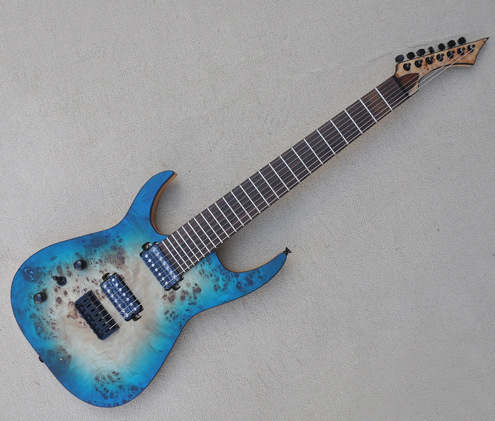 

7-струнная левая прозрачная синяя электрическая гитара с древесным кленовым шпоном, подставка из розового дерева