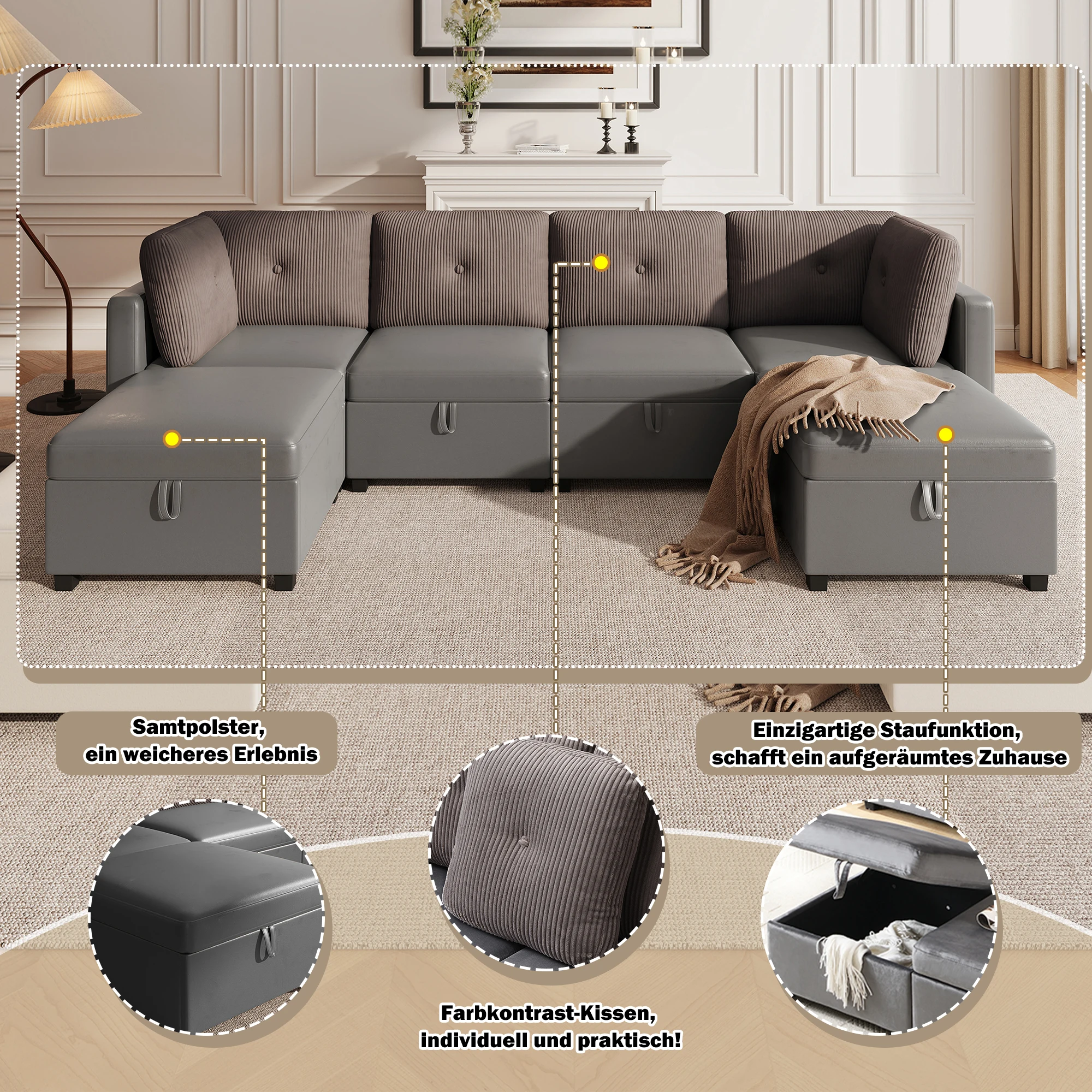 KOMHTOM Moduliges Modulares U Formiges Wohnzimmer Ecksofa Mit Stauraum Verwandelbar – Detail 12
