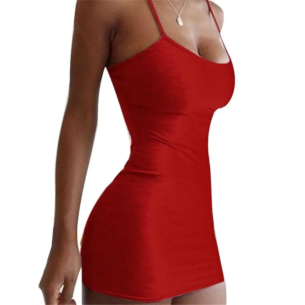 Women Sexy Dress Slim-fit Solid Color Female Suspender Dress for Beach Party Spaghetti Strap Short Skirts