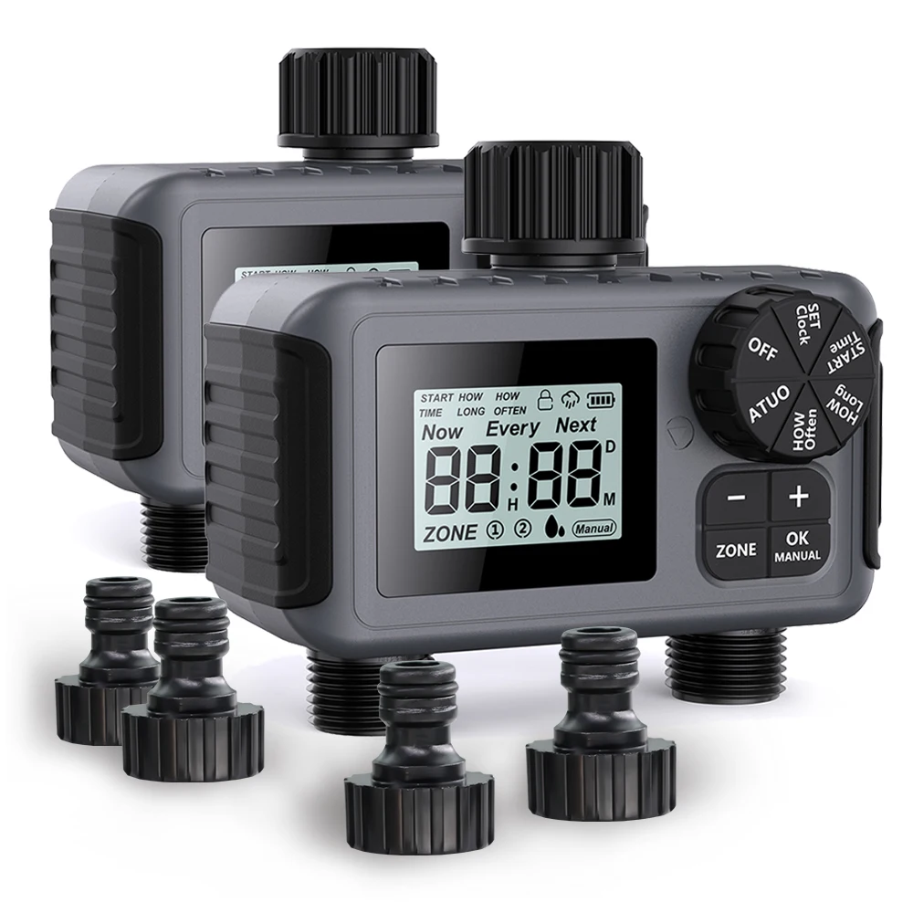 

Garden Water Timer 2 Outlet 2 Zone Programmable Hose Faucet Controller Automatic Outdoor Waterproof LCD Digital Irrigation Timer