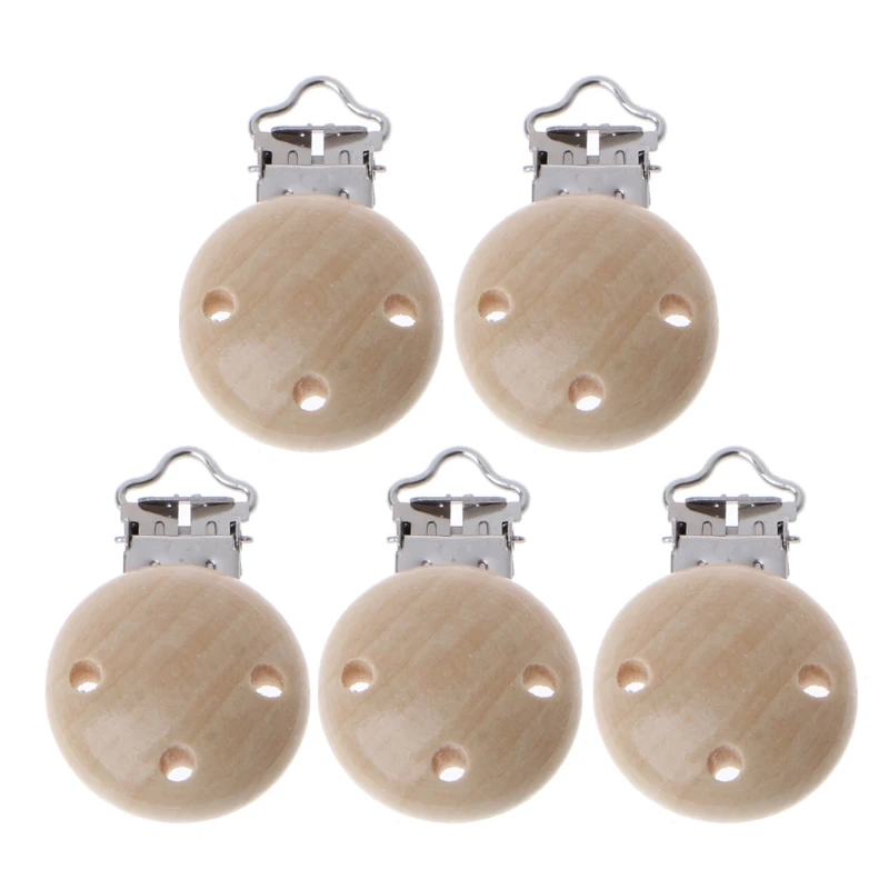 

Q0KB 5piece Smooth Surface Wooden Pacifier Clips Teething Grasping Toy Suspender Clip