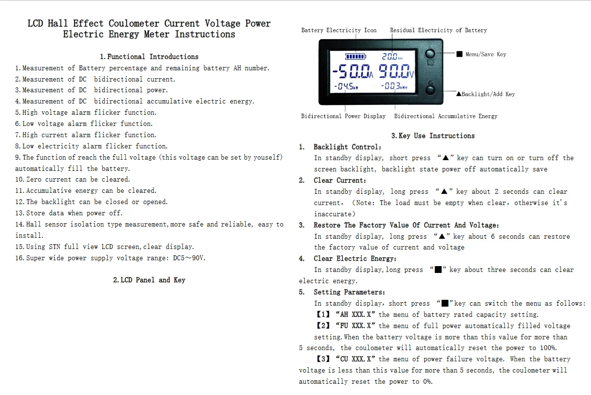 Bluetooth Hall Ammeter Voltmeter Coulomb Meter Battery Charge Discharger POWER Monitor 12V 24V 48V 60V Lead-acid Li-ion Lifepo4