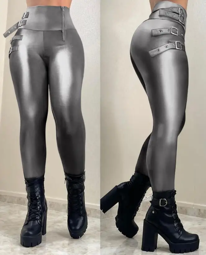 

Woman Fashion High Waist Skinny Pants 2023 Daily Clothing Female Metallic Eyelet Buckled Zipper Design Trousers Commuting Style